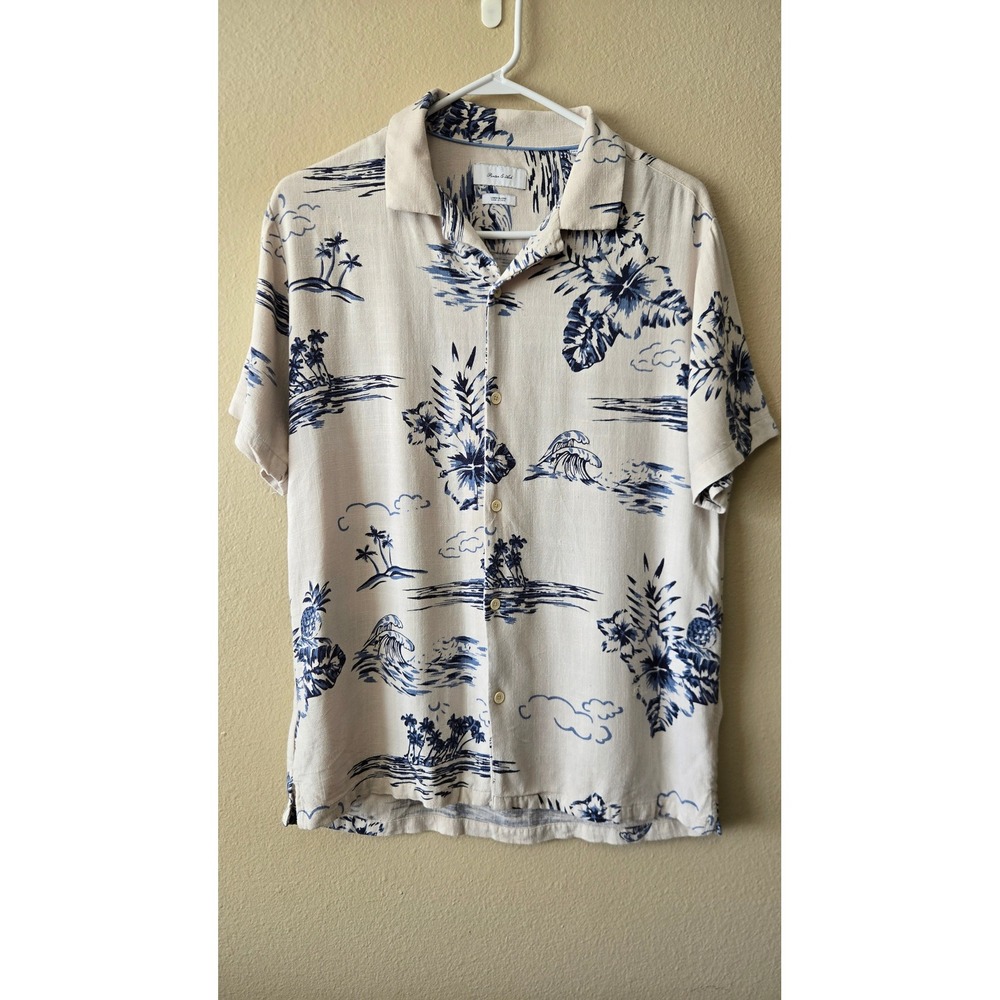 Porter & Ash Mens Medium Linen Blend Tropical Hawaiian Camp Shirt Blue Cream M‎